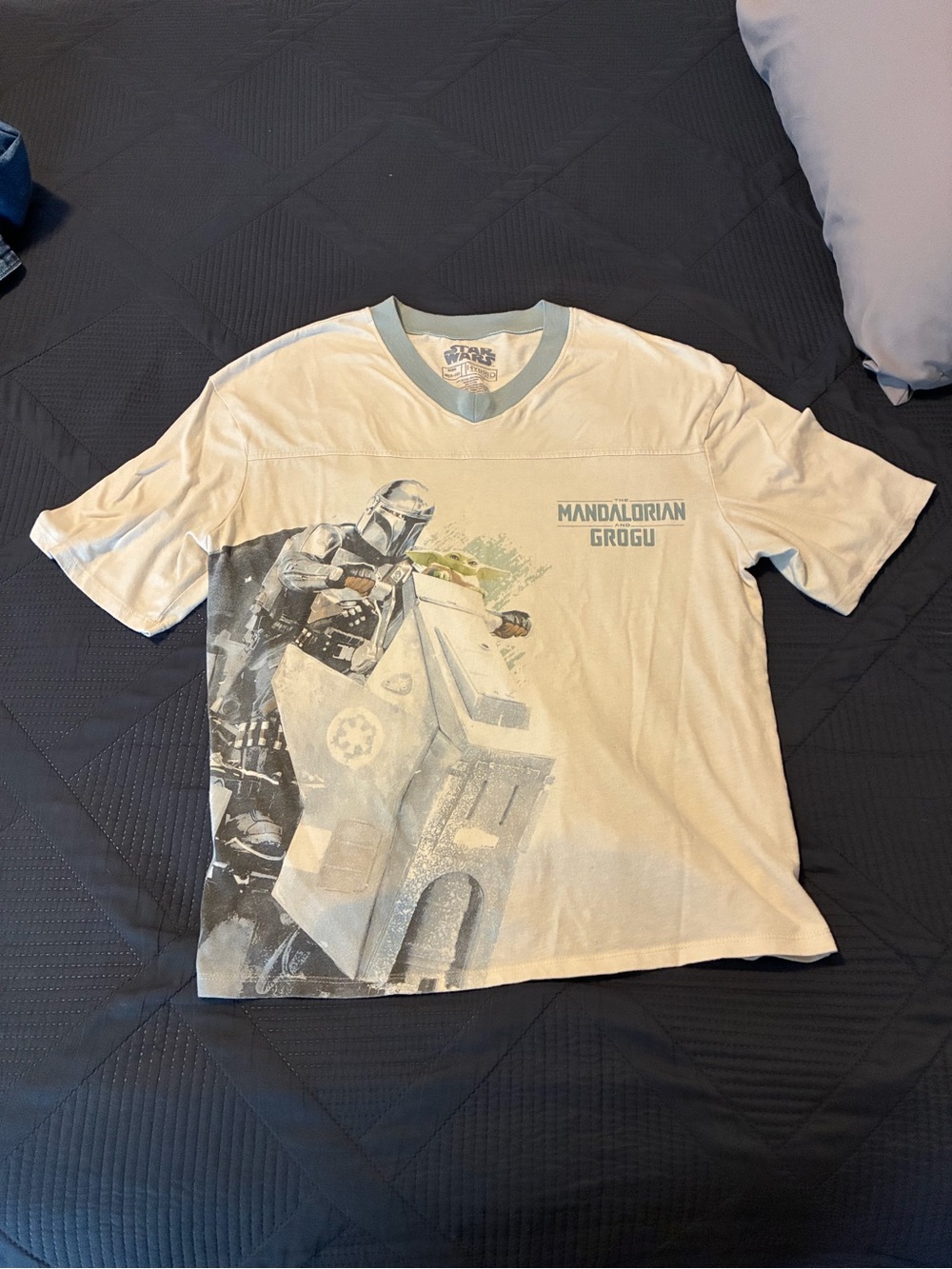 Star Wars Mandalorian Grogu Graphic Tee — Cream with Muted Blue Trim